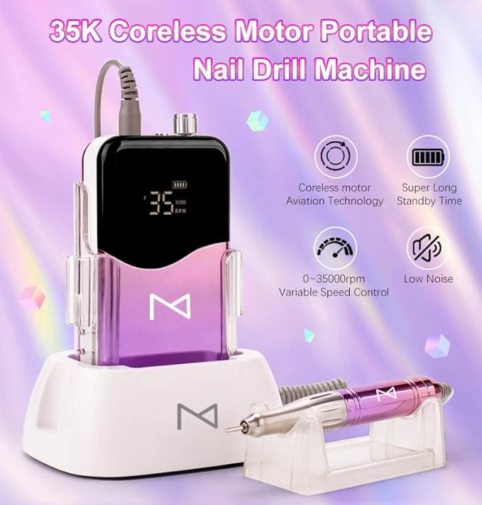 M Mase- Professional Nail Drill Machine - Coreless 2-in-1 Nail File - Electric, Cordless, 35000 RPM, HD Display - Electric Nail Drill for Professional & Home Use (Metallic Gold)-BrightBean Baby