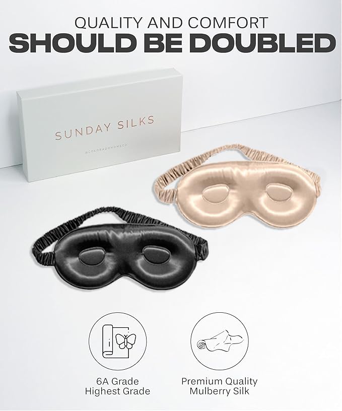 SUNDAYSILKS™ 3D Contoured Silk Sleep Mask | Padded Silk Eye Mask with Eye Cups for Lash Extensions | Blackout, Organic for Women & Men, Perfect for Travel, Slip-Free Deep Sleeping (2PK)-BrightBean Baby