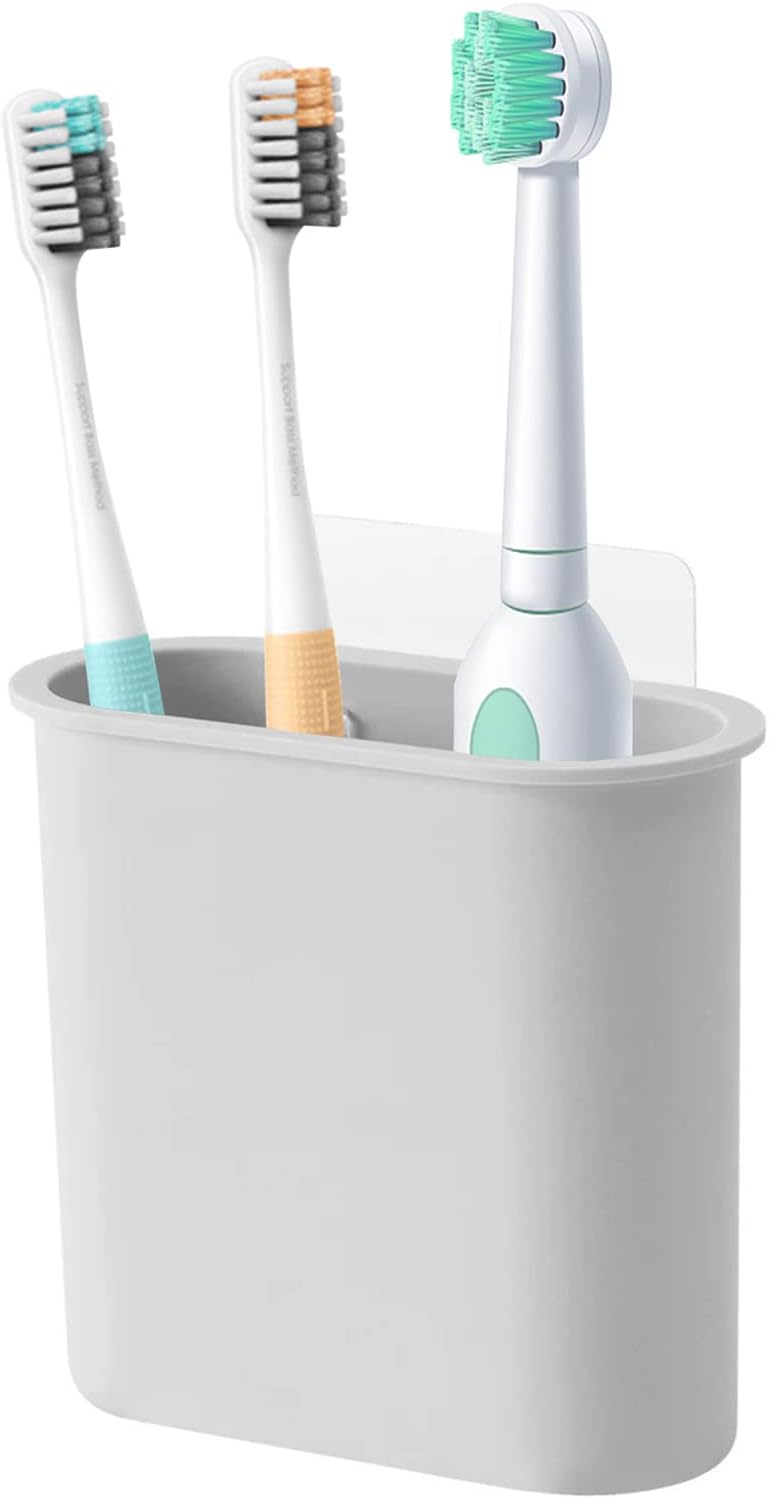 Toothbrush Holder Wall Mounted for Bathroom, Wall Toothbrush Holders for Electric Toothbrush, Toothpaste, Razor, Self Adhesive Wallmount Organizer (Grey-BrightBean Baby