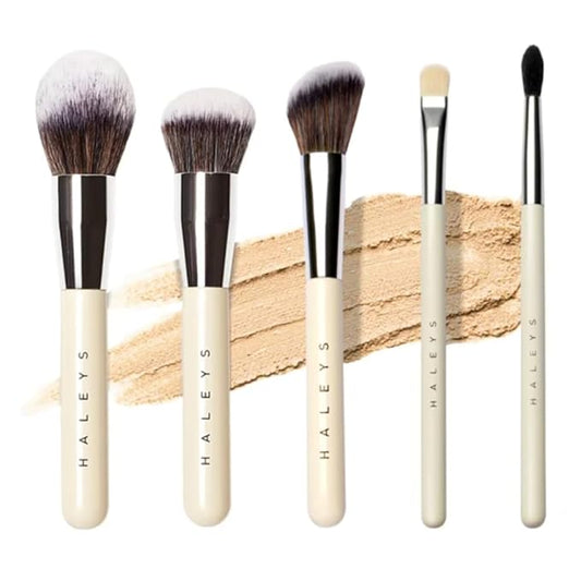 HALEYS Makeup Brush Set 5 pcs: Soft, Streak-free, Perfect Blending, Buff, Blurs and Smooth, Premium Luxury Vegan Bristles, For Liquid, Cream or Powder, Vegan, Cruelty-free, Sustainable Wood-BrightBean Baby