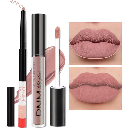 evpct 2Pcs Mauve Nude Neutral Color Lip Liner and Matte Lipstick Makeup Sets Vegan Lipstick Lip Liner and Gloss Set Lip Stain Long Lasting Waterproof 24 34#-BrightBean Baby