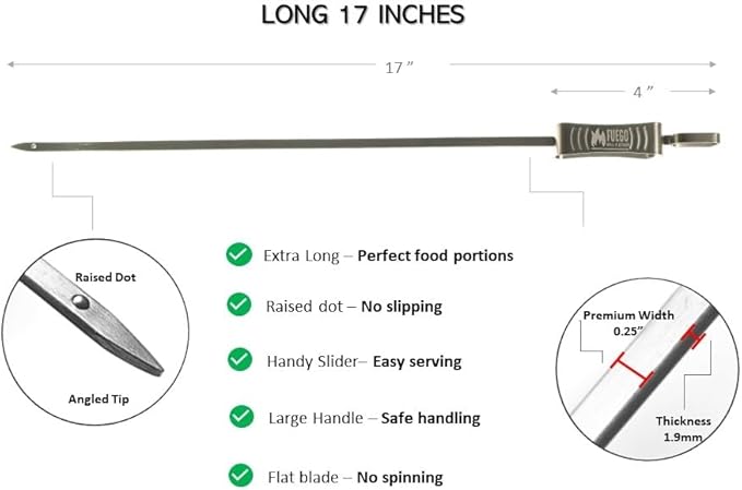 Fuego Skewers for Grilling - 17" Stainless Steel Flat Blade with Push Slider | Reusable & Dishwasher Safe | BBQ Skewers and Shish Kabob | Set of 8