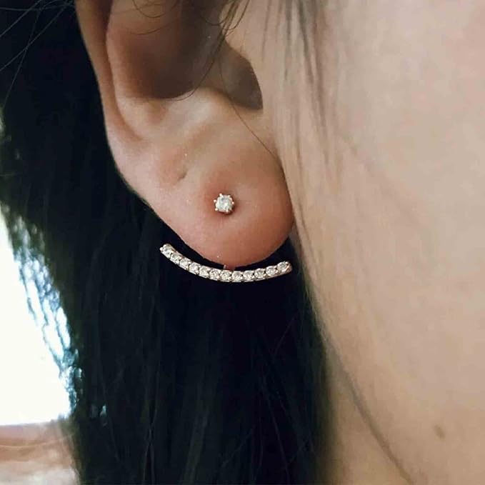 Crystal Bar Ear Climber Earrings Silver Rhinestone Ear Jacket Earrings Boho Bar Ear Crawlers Earrings Minimalist Geometric Moon Earrings Jewelry for Women and Girls-BrightBean Baby