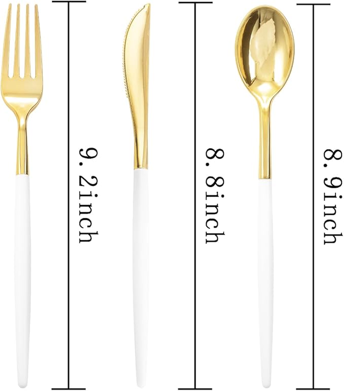 Rubtlamp 96 Pcs Gold Plastic Silverware, Gold Plastic Utensils with White Handle, Cutlery Set Disposable Includes: 32 Knives, 32 Plastic Spoons And 32 Forks for Wedding And Party