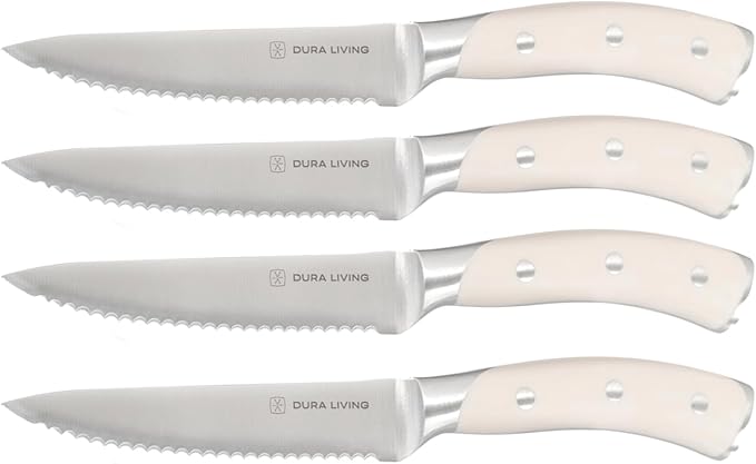 DURA LIVING 4-Piece Serrated Kitchen Steak Knife Set – Forged High Carbon Stainless Steel, Ultra Sharp, Ergonomic Black Handles, Durable Dinner Knives, Cream Handle