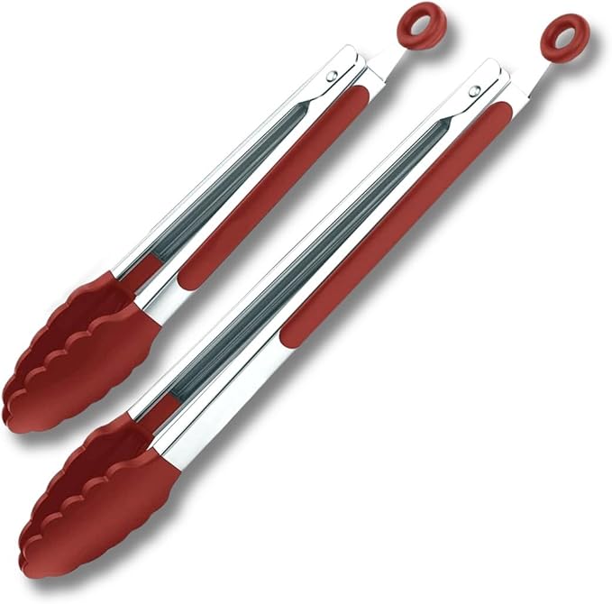 Red Stainless Steel Tongs Heat Resistant Kitchen Tongs Set - 7" & 9" Inch, BBQ Tongs with Silicone Tip, Strong Grip for Cooking, Salad Tossing, Air Fryer, and Grill Tongs- Pull Lock, Red- Set of 2