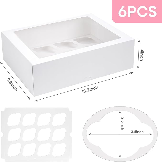 VGOODALL 12 Count Cupcake Boxes, 6PCS Cupcake Container with Window Boxes Holding 72 Pastry Box for Birthday Holiday Party Bakery Supplies 13.2"x9.8"x4"