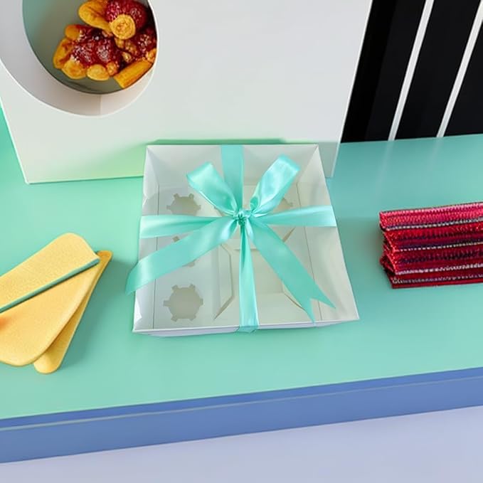 Bento Cake and Cupcake Box 2-in-1 4-inch Cake and 5 Cupcakes Box 5 Sets with One Wide Roll of Ribbon for Family Dinner Birthday Party Picnic Gift (TB02)