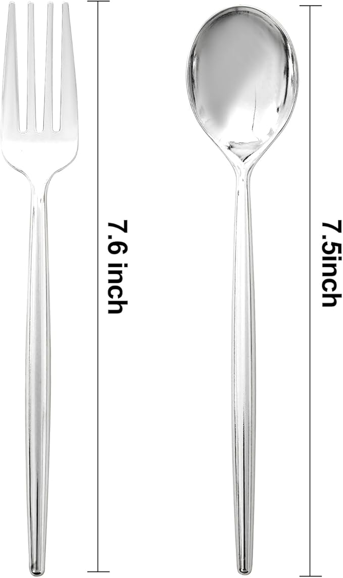SUT 100Pcs Silver Plastic Silverware - Plastic Spoons and Forks, Disposable Silverware, Plastic Cutlery Set,50 Gold Plastic Forks, 50 Gold Plastic Spoons for Catering, Parties, Dinners, Weddings