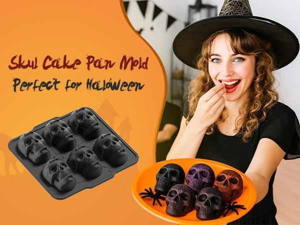 Metal Framed Silicone Skull Cake Pan - 6 Cavity Skull Baking Pan & Silicone Mold for Halloween Parties & Baking Fun | Food-Safe Non-Stick Ice Cube Tray, Cupcake Maker