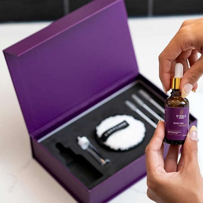 UZZA Lash Eye Makeup Remover - Waterproof Mascara Remover for Sensitive Eyes - Natural Make up Remover - Hygienic Kit Includes Eyelash Brush, Reusable Pads, Cleanser Liquid 1oz-BrightBean Baby