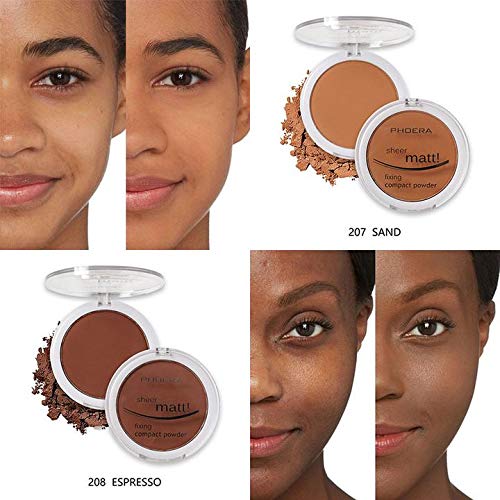 AQUAPURITY PHOERA Sheer Matte Compact Powder Fixing Powder Makeup Base Fixer Setting Powder Foundation Fixing Compact Pressed Powder Long Lasting Skin Vitamin E Beauty Blender (208ESPRESSO)-BrightBean Baby