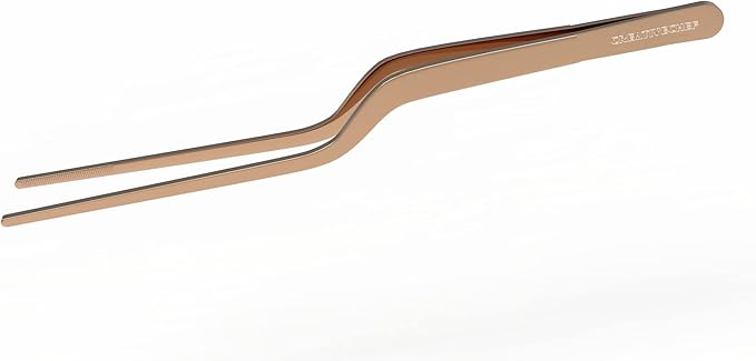 CREATIVECHEF 8 Inch Curved Stainless Steel Precision Kitchen Cooking Multi-function Tweezers Culinary Offset Tweezer Tongs (Curved, copper)