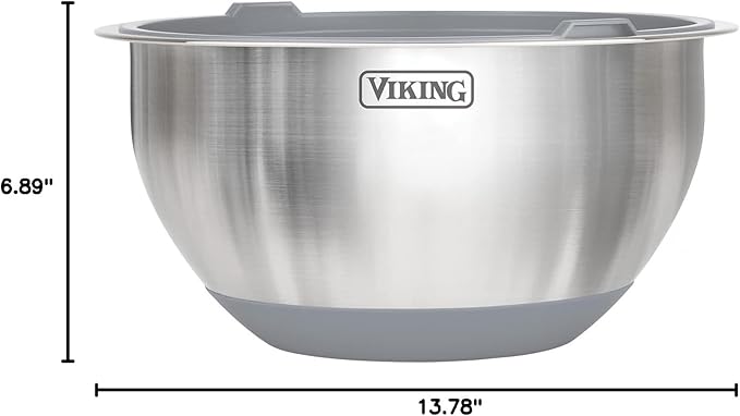 Viking Mixing Bowls Set, 10 Piece Stainless Steel Kitchen Cookware, Non-Slip Silicone Base, Includes Tight Fit Lids, Dishwasher Safe, Grey