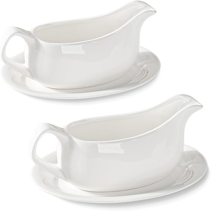 Gravy Boat with Saucer 19 oz,Ceramic Gravy Boats with Tray Set of 2, Gravy Bowl for Turkey,Dispenser with Tray for Sauces,Beef, Salad Dressing, Creamer, Broth,Microwave and Dishwasher Safe Gravy Boats