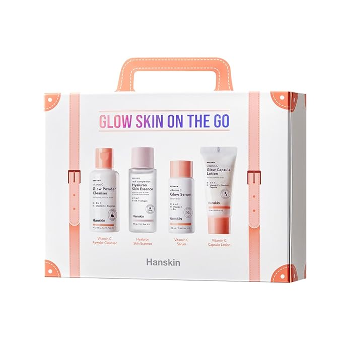 Hanskin Glow Skin On The Go Kit, Set of 4, Essential Travel Skincare Set for Glowing & Nourishing Skin on the Plane, Powder Cleanser Skin Essence and Facial Serum Cleansing Balm-BrightBean Baby