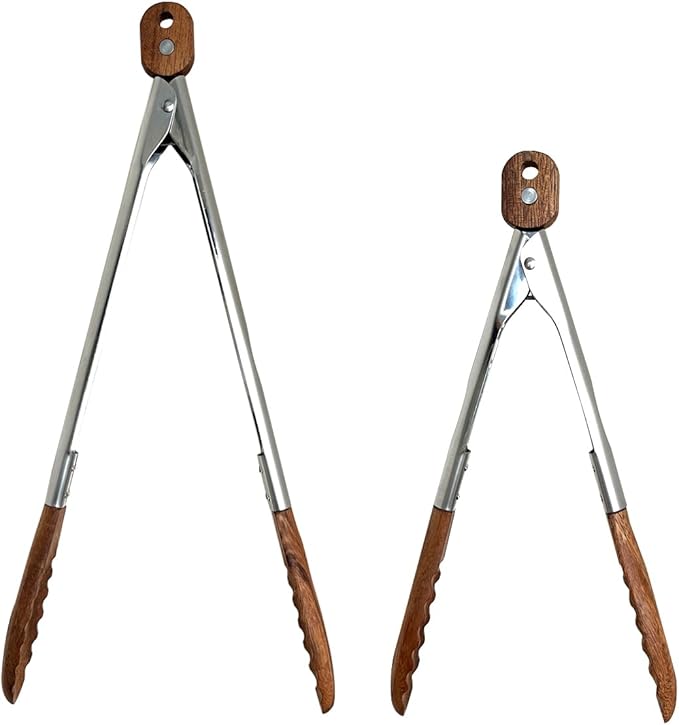 Lee's Clover Wooden Tongs for Cooking with Walnut Wood Tips & Stainless Steel Handle – Food & Kitchen Tongs for Serving, Salad, BBQ, Buffet, Grill (Small + Large)