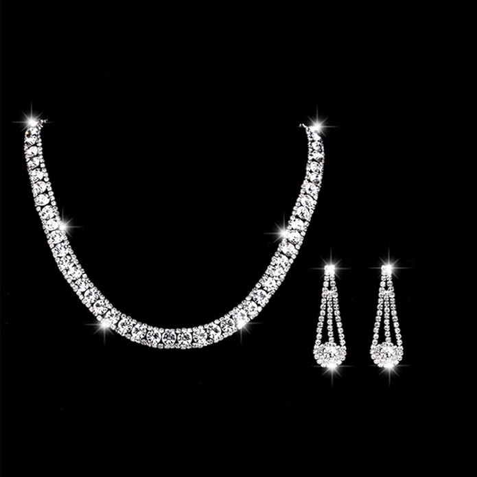 Yean Bride Silver Necklace Earrings Set Rhinestone Bridal Wedding Jewelry Sets Crystal Choker Necklace for Women (Set 3)-BrightBean Baby