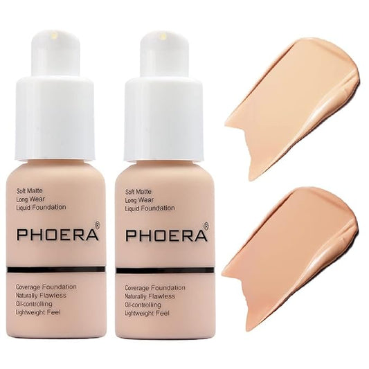 2 Pack PHOERA Foundation,Matte Oil Control Concealer Foundation Cream,PHOERA Long Lasting Waterproof Matte Liquid Foundation for Women Girls (102 Nude+103 Warm peach)-BrightBean Baby