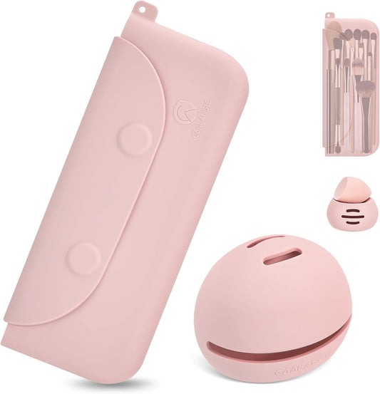 Silicone Makeup Brush Holder And Beauty Sponge Case, Travel Makeup Brush Case With Magnetic Closure, Makeup Sponge Holder 2 In 1 Stand Storage For Quick Drying Pink-BrightBean Baby