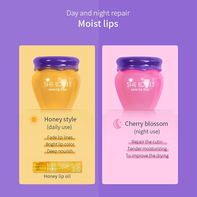 2PCS Lip Mask Overnight, Honey&Sakura Day and Night Repair Sleeping Lip Balm, Fade Lip Lines Bee Balm, Hydrating &Prevention Dry and Crack Lip Scrubs Exfoliator-BrightBean Baby