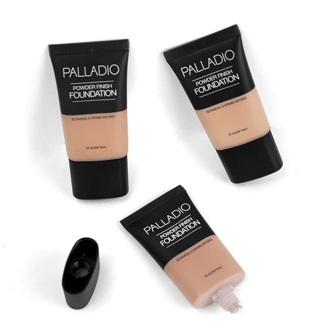 Palladio Powder Finish Liquid Foundation, Natural Matte Appearance, Reduces Fine Lines, Covers Large Pores, Hides Imperfections, All Day Wear, Sheer to Medium Coverage, In the Buff-BrightBean Baby