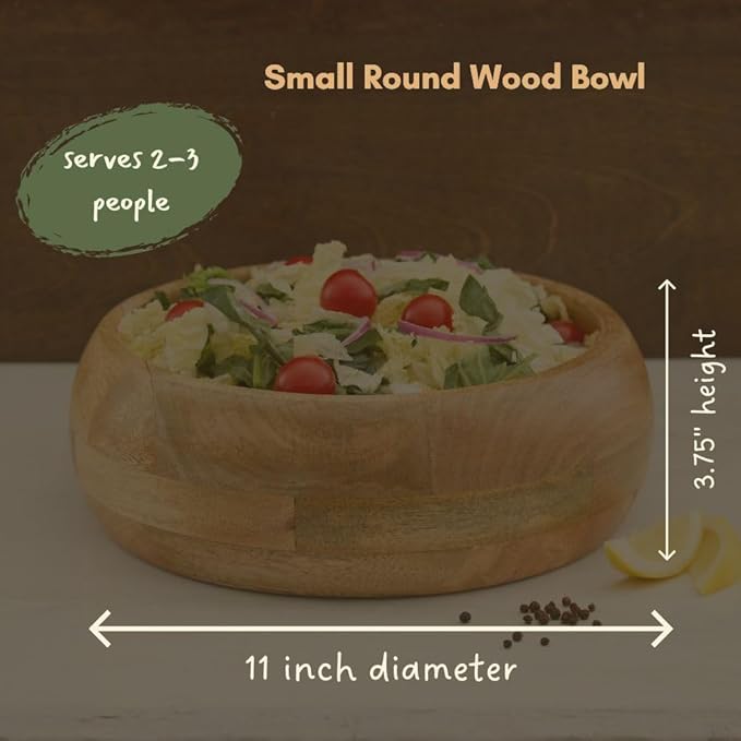 Small Salad Bowl, 11" Wide, Kitchen Countertop Fruit Bowl, Mixing, Serving, Farmhouse Style, Mango Wood, Round, Dining & Entertaining, Serves 2-3