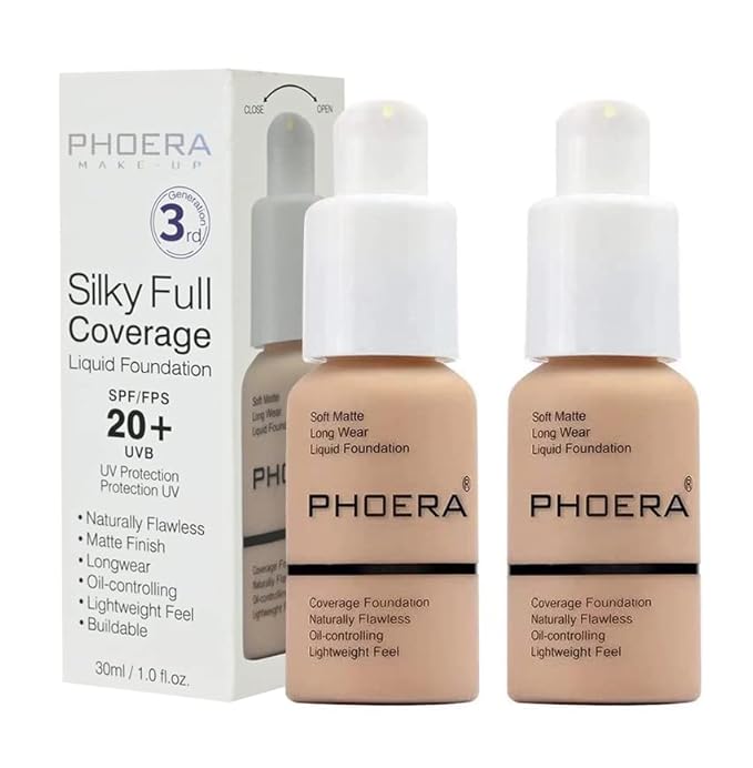 BestLand 2Pack PHOERA Foundation Full Coverage Liquid Foundation Cream - Long-lasting Lightweight Concealer - Oil-Free Formula - Natural Shade - Suitable for All Skin Types (2 Pack Nude #102)-BrightBean Baby