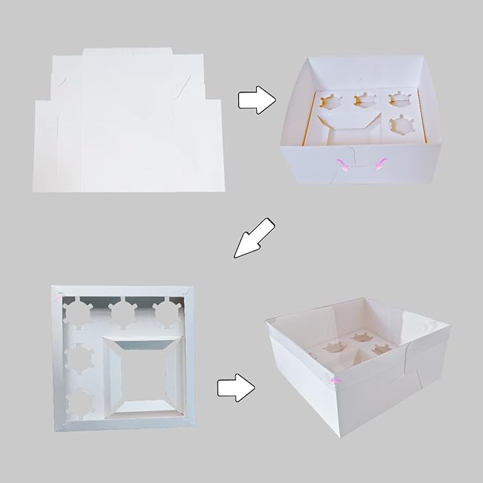 Bento Cake and Cupcake Box 10 sets 6-inch Cake and 5 Cupcakes Box Cake Box with Cupcake Insert Easy to Assemble Base for Family Birthday Party Mother's day (10 sets with cupcake), white