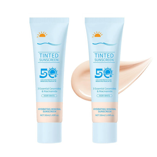Tinted Sunscreen for Face SPF 50, 2 PCS Defense SPF 50 Face Sunscreen Lotion with Hyaluronic Acid, Sun Essence Faces Sunscreens, Hydrating, Moisturizing, UV Defense, Travel Size (Light Color)-BrightBean Baby