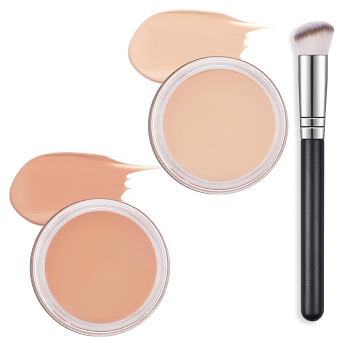 Kaely 2Pcs Pot Concealer Full Coverage Set,under Eye Brightener Concealer for Conceals Dark Circles,Waterproof Foundation Face Makeup Brush Kit,Color Correcting Concealer,02+03-BrightBean Baby