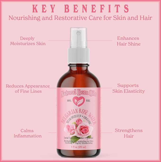 Natural Born Oils 8oz Rose Water Hydrosol, 100% Pure and Natural, Organic, Steam-distilled, Facial Toner Cleanser, with Sprayer, 8-Rose-Water-BrightBean Baby
