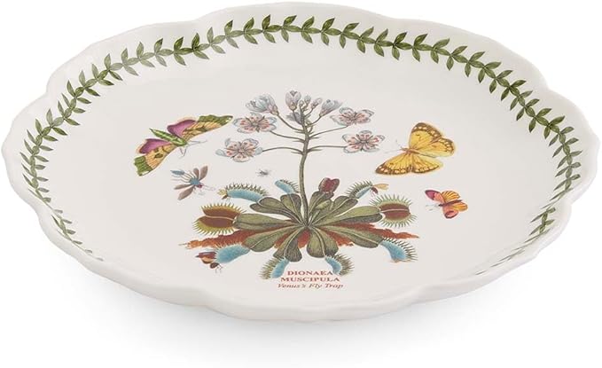 Portmeirion Botanic Garden Lotus 9" Salad Plate, Venus Fly Trap Illustration - Floral Scalloped Shaped Porcelain Dish for Appetizers or Desserts, Dishwasher & Oven Safe