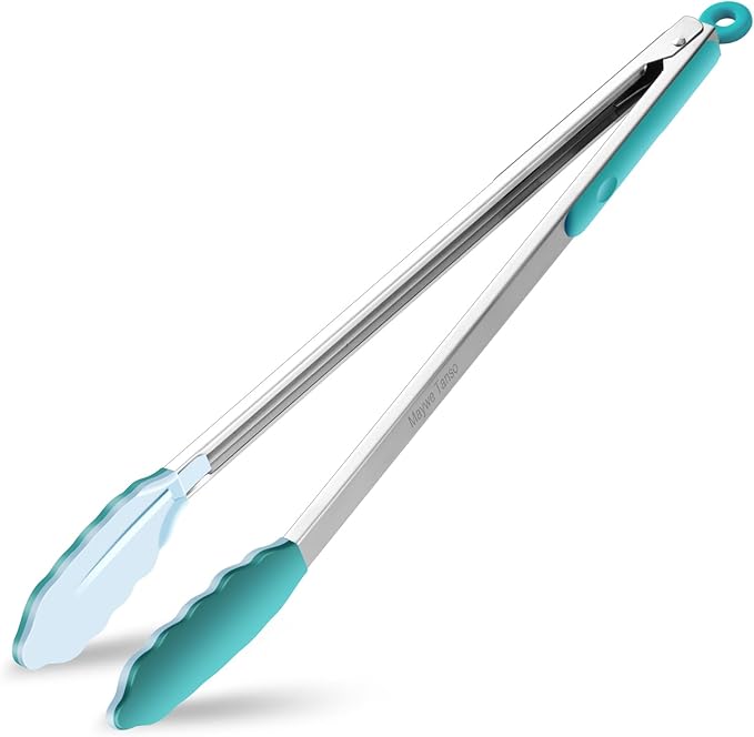 600℉ Heat Resistant Kitchen Tongs for Cooking with Silicone Tips,Maywe Tanso 17-Inch Stainless Steel Locking Cooking Tongs Food Tongs for BBQ,Salad and Serving Food,Heavy Duty,Non-Stick,Turquoise