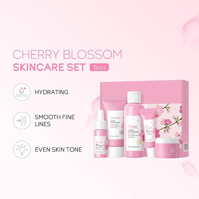 Greyghost Skin Care Set for Teenage Girls Women, 5 Pcs Cherry Blossom Skincare Set - Cleanser, Toner, Serum, Eye cream, Cream, Gentle Skin Cleaning & Care Gift Set, Travel Size Skin Care Set-BrightBean Baby