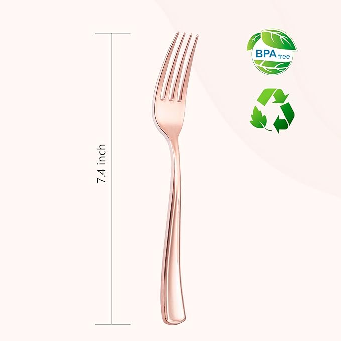 Liacere 200 Pack Rose Gold Disposable Forks - 7.4 Inch Heavy Duty Plastic - Rose Gold Silverware for Catering, Parties, Dinners, Weddings & Mother's Day