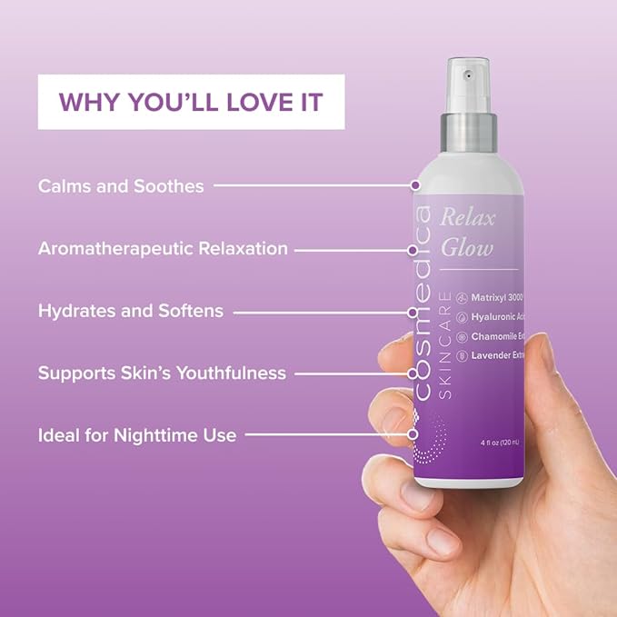 Cosmedica Skincare Relax Glow Hydrating Peptide Spray with Chamomile, Lavender Extract, Matrixyl 3000 & Hyaluronic Acid for Calming Skin, Moisturizer – 4 oz-BrightBean Baby