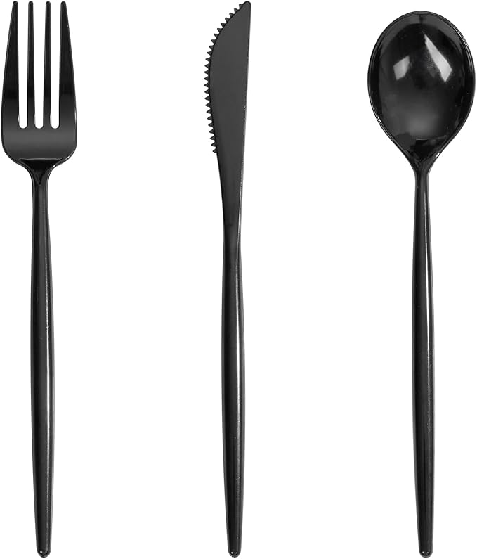 Supernal 360pcs Black Plastic Silverware Heavy Duty Black Plastic Utensils Disposable Cutlery Set Includes Disposable Knives,Forks and Spoons Silverware Set for Parties,Weddings & Birthday