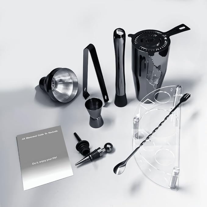 Cocktail Shaker Set with Stand, Cocktail Shaker Bartender Kit: Bar Tool Set, Drink Mixing Includes Martini Shaker,Strainer,Jigger,Bar Mixer Spoon,Muddler, Pourer, Bottle Stopper (Black)