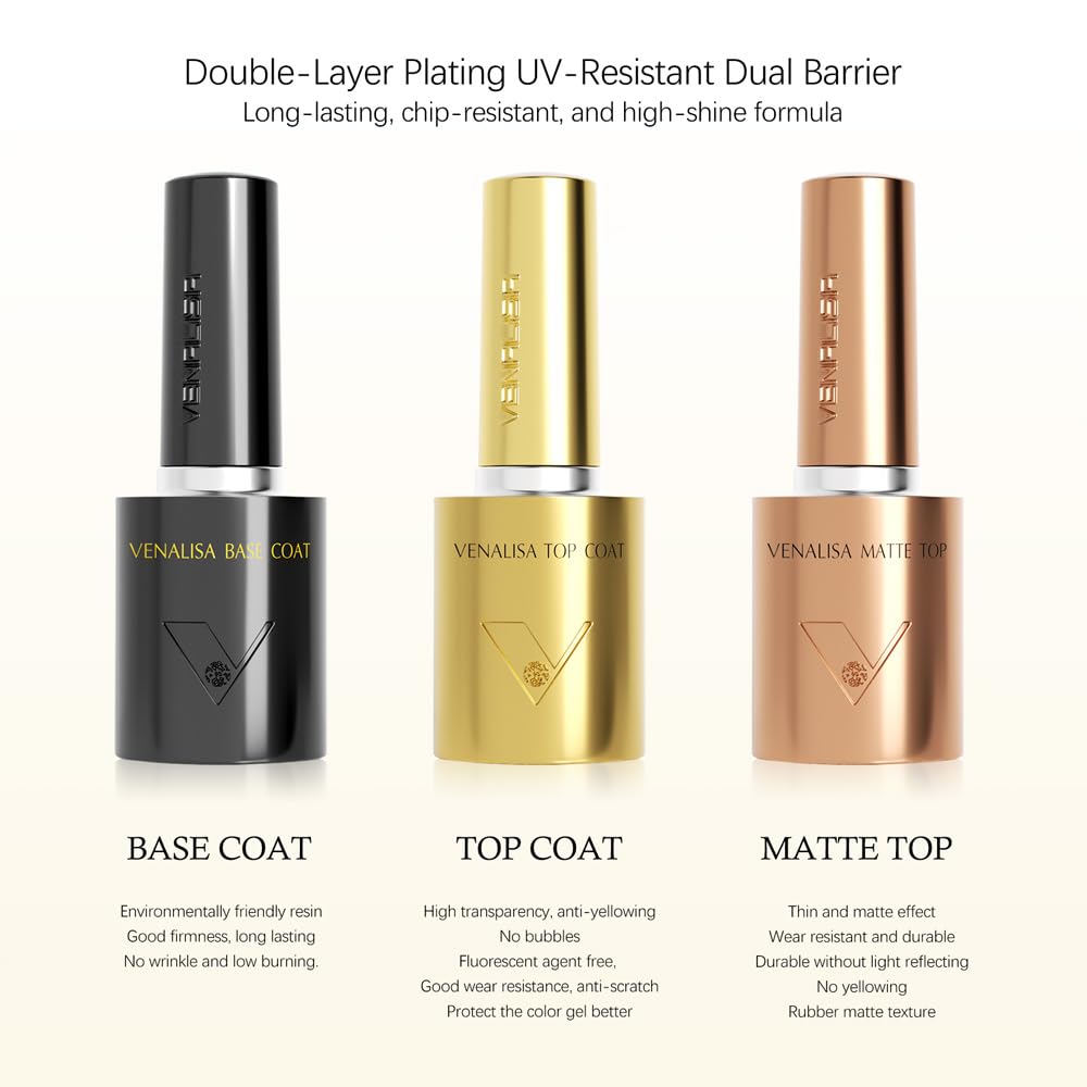 VENALISA 3 Pcs No Wipe Glossy and Matte Gel Top Coat and Base Coat Set for Gel Nail Polish- High Gloss Base Matte & Shiny Top Coat Kit, Soak Off Nail Art Home and Professional Manicure-BrightBean Baby