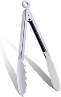 9 Inch Kitchen Tongs, Cooking Tongs with Silicone Tips and Stainless Steel Handle, Non Stick Heat Resistant Tongs for Cooking, Buffet, Salad Serving (9", White)