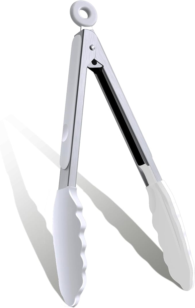 9 Inch Kitchen Tongs, Cooking Tongs with Silicone Tips and Stainless Steel Handle, Non Stick Heat Resistant Tongs for Cooking, Buffet, Salad Serving (9", White)