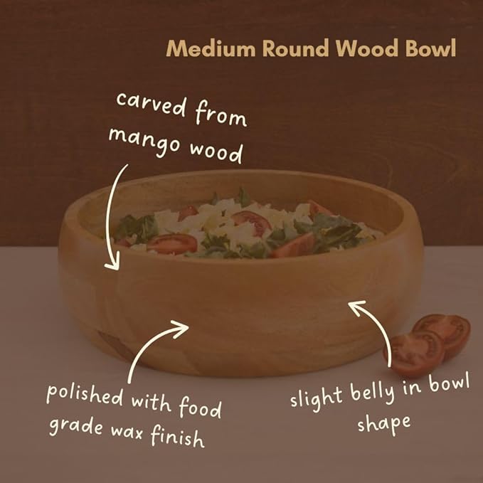 Medium Salad Bowl, 13" Wide, Kitchen Countertop Fruit Bowl, Serving Dish for Pasta, Bread, Mixing Bowl, Farmhouse Style, Mango Wood, Round, Serves 4-5