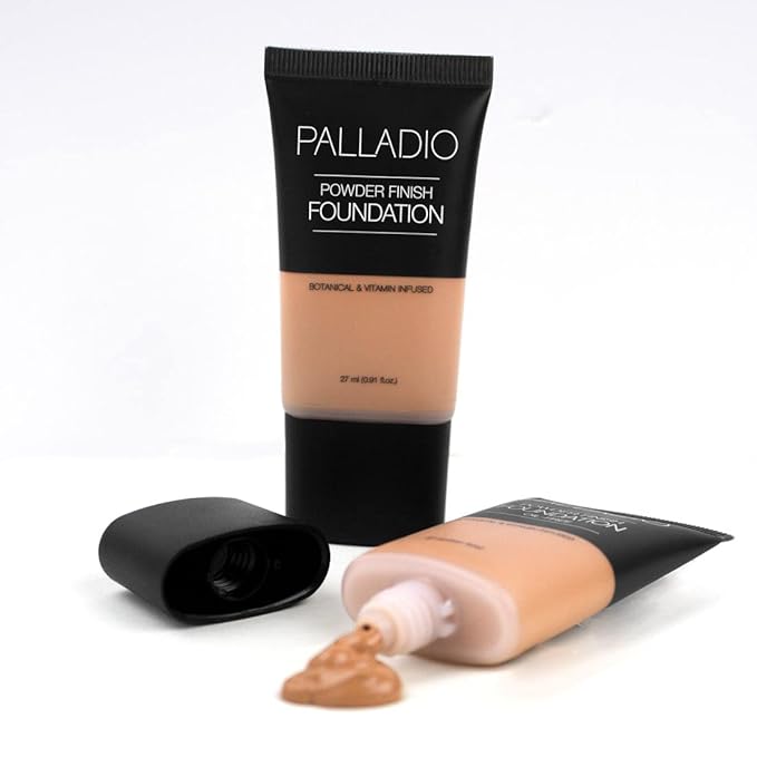 Palladio Powder Finish Liquid Foundation, Natural Matte Appearance, Reduces Fine Lines, Covers Large Pores, Hides Imperfections, All Day Wear, Sheer to Medium Coverage, Caramel-BrightBean Baby
