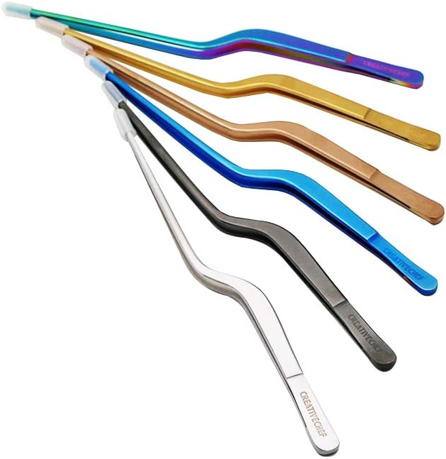 CREATIVECHEF 8 Inch Curved Stainless Steel Precision Kitchen Cooking Multi-function Tweezers Culinary Offset Tweezer Tongs (Curved, color)
