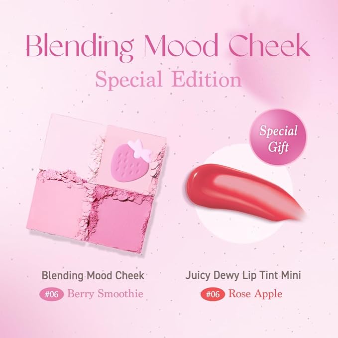 Dasique Blending Mood Cheek Special Edition #06 Berry Smoothie with FREE Juicy Dewy Tint Mini #06 Rose Apple | 4 Blendable Shades in Lightweight Smooth Powder | Korean Makeup-BrightBean Baby