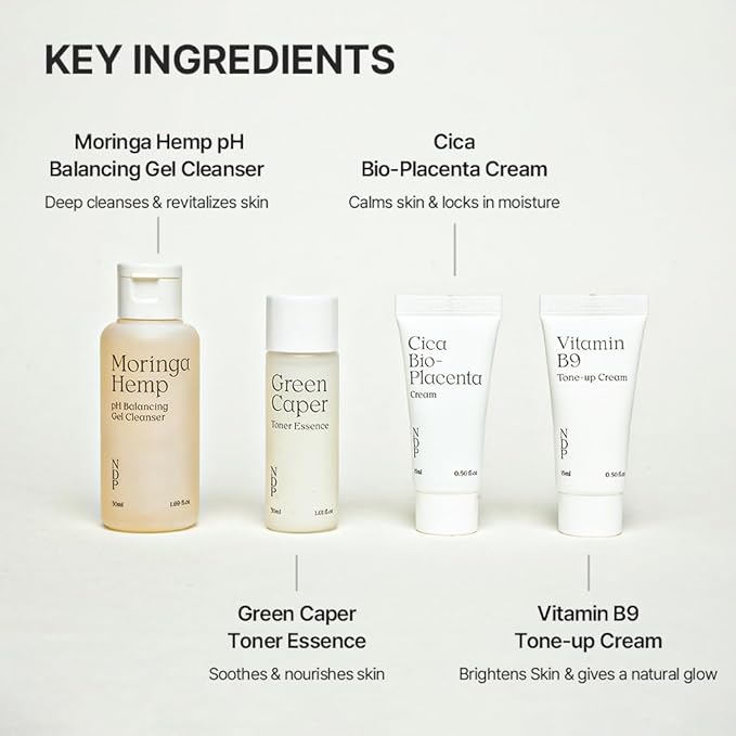 Travel Kit - Mini Travel Size Skincare Essentials - Moringa Hemp Gel Cleanser, Green Caper Toner Essence, Cica Bio-Placenta Cream, B9 Tone-Up Cream (4 items)-BrightBean Baby