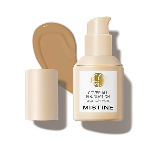 MISTINE Liquid Foundation Makeup Full Coverage Foundation for Oily Skin,24 Hour Oil Control Makeup Foundation,Skin-Caring,Moisturizing Formula,Waterproof Foundation,Matte Finish,Satin,1 Fl Oz-BrightBean Baby