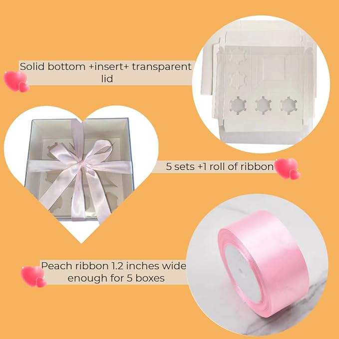 Bento Cake and Cupcake Box 2-in-1 4-inch Cake and 5 Cupcakes Box 5 Sets with One Wide Roll of Ribbon for Family Dinner Birthday Party Picnic Gift (faskdfh)