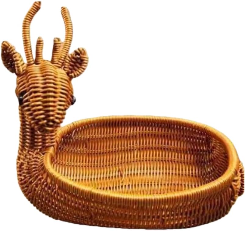 hand-woven round rattan basket storage basket storage box ornaments decorative basket multifunctional picnic food bread basket fruit gift basket key basket. (deer)